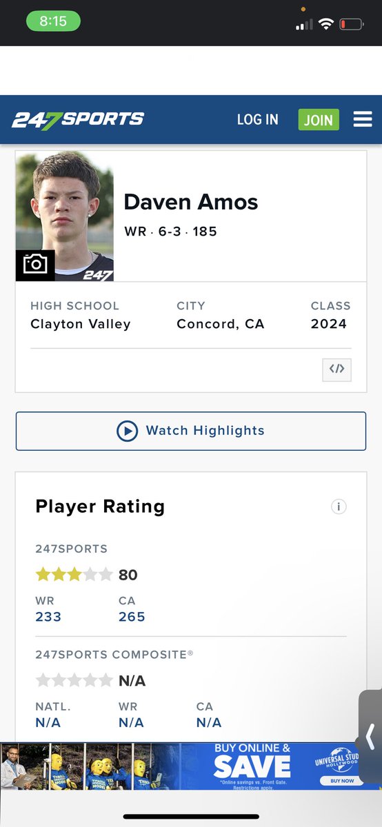 Thankful to be rated a 3 star by <a href="/247Sports/">247Sports</a>.
<a href="/BrandonHuffman/">Brandon Huffman</a> <a href="/GregBiggins/">Greg Biggins</a> @nick_tisa <a href="/cv_football/">CV Football</a> <a href="/morisuesue/">Mori suesue</a>