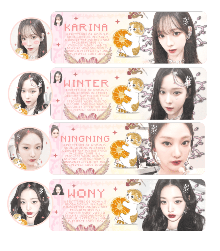 help rt pleasee? 🥹

🎀 h-ello! aku bawa layout ready stock karina, winter, ningning dan wony nih harga nya 5OOO/each bisa FREE RETEXT. Btw aku open by request juga yaa 🧚🏻‍♀️
#zonauang