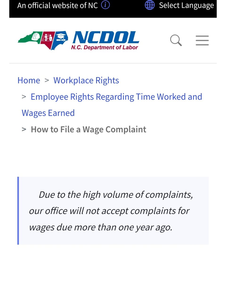 North Carolina, and I DO NOT KNOW how this is legal, won't process wage theft claims older than a year old **even tho the statute of limitations is more than a year** labor.nc.gov/workplace-righ…