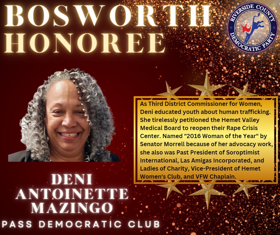 OfficialRCDP's tweet photo. .@DeniMazingoCA is the Bosworth Honoree from the @passdems and she is a queen among activists in the Pass and Hemet areas. Come to the RCDP Bosworth Awards Ceremony on Sunday, June 4 at 3:00 in Palm Desert at the @golfDWGR! Get your tickets at https://t.co/EnfKMe4Fxm https://t.co/uyAXYoiwYL