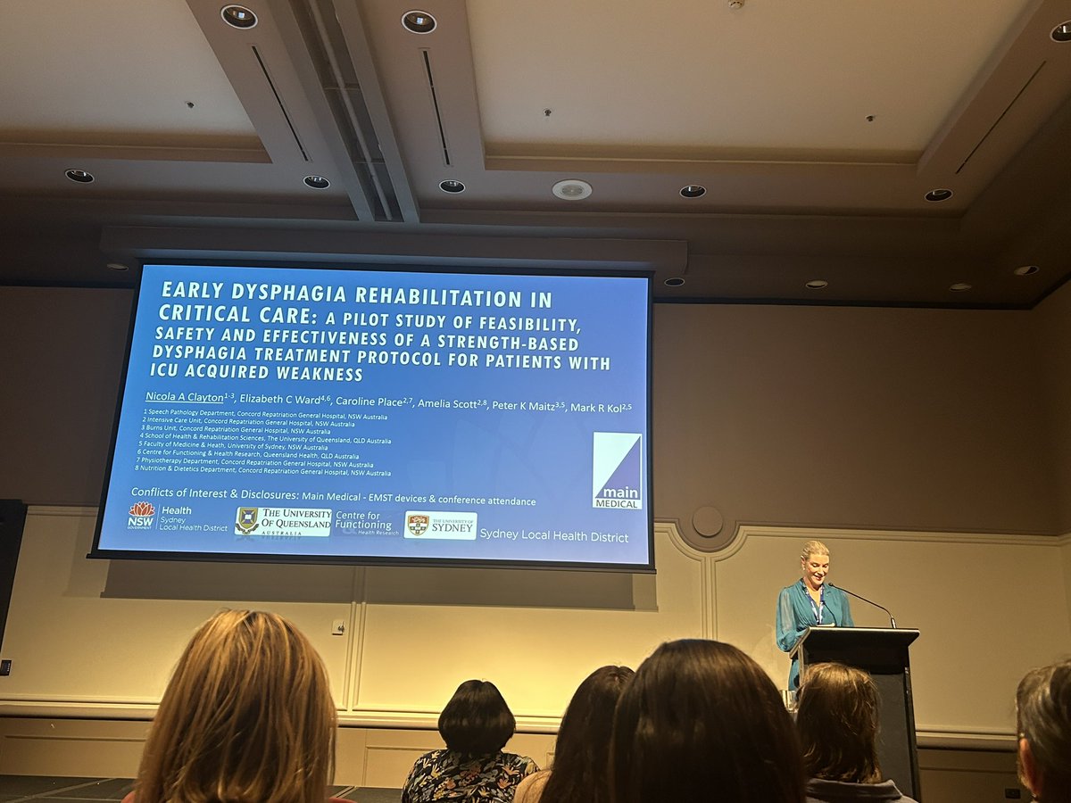 Excellent presentation by Dr Nicola Clayton on her pilot study of the feasibility, safety and effectiveness of a strength-based dysphagia tx protocol for patients with #ICUAW at #SPAconf #EMST #ICURehab excited for the RCT