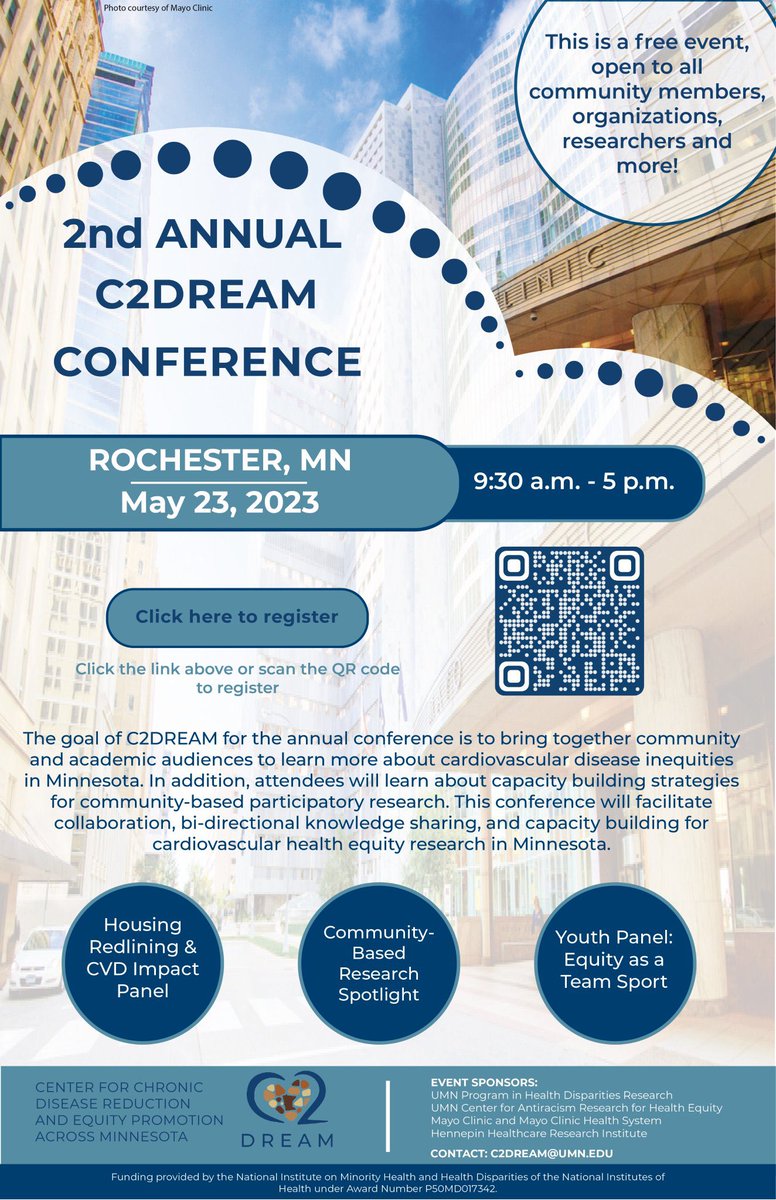 FAITH4Heart's tweet photo. We are looking forward to the 2nd Annual @C2Dream Conference taking place on May 23, 2023! @DrLaPrincess will moderate a panel discussion on “Redlining in Rochester and Community Health Impact”

@mayoclinic_cenr @MayoClinicCV @phdr_umn @UMNresearch @HennepinHC @NIH @nihceal https://t.co/flbJfER9D0