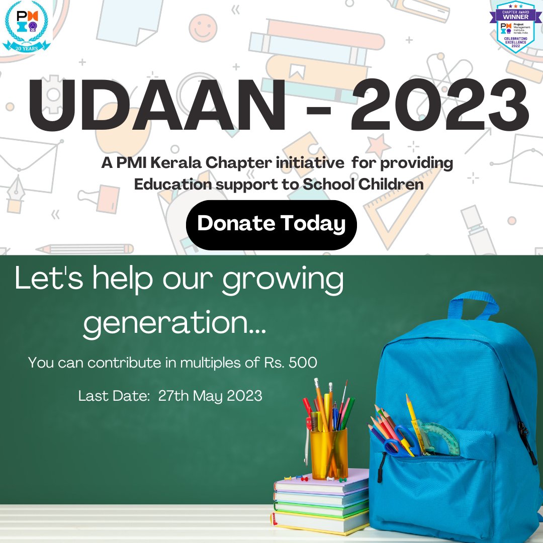 Let's help our growing generation!

Be a part of the PMI Kerala Chapter initiative 'UDAAN 2023: Education support to School Children'.

Donate now : lnkd.in/g72baHZE

#community #education #school #help #projectmanagers #projectcoordinator #pmi #managers #changemakers