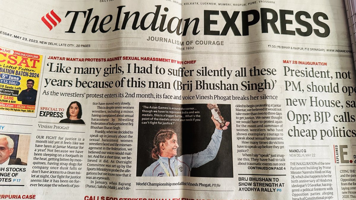 Shalu Yadav (@storiesbyshalu) on Twitter photo Brave move by <a href="/IndianExpress/">The Indian Express</a>, as always. Today’s edition led by a piece written by wrestler <a href="/Phogat_Vinesh/">Vinesh Phogat</a> describing her ordeal, as the sit-in protest enters second month. The wrestlers have been braving the heat wave of Delhi, day and night, demanding the arrest of Brij Bhushan Brave move by <a href="/IndianExpress/">The Indian Express</a>, as always. Today’s edition led by a piece written by wrestler <a href="/Phogat_Vinesh/">Vinesh Phogat</a> describing her ordeal, as the sit-in protest enters second month. The wrestlers have been braving the heat wave of Delhi, day and night, demanding the arrest of Brij Bhushan