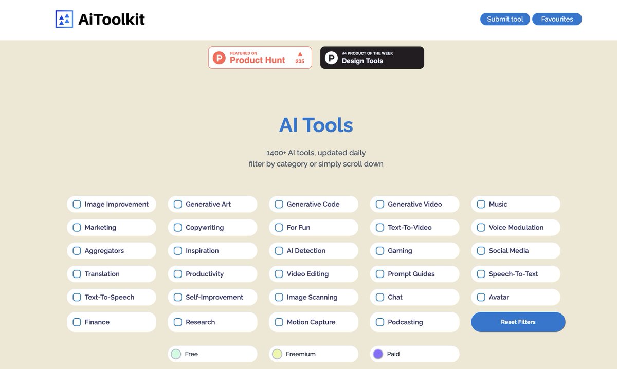 AiToolkit has been completely revamped🔥 🚀Faster ❤️Favouriting no longer requires login 🔥Personal favorites page 🧐Easier on the eyes 💞Sort by popular 🔨Submit-a-tool form added Full focus on expanding & curating our directory of 1400+ AI Tools now🤝