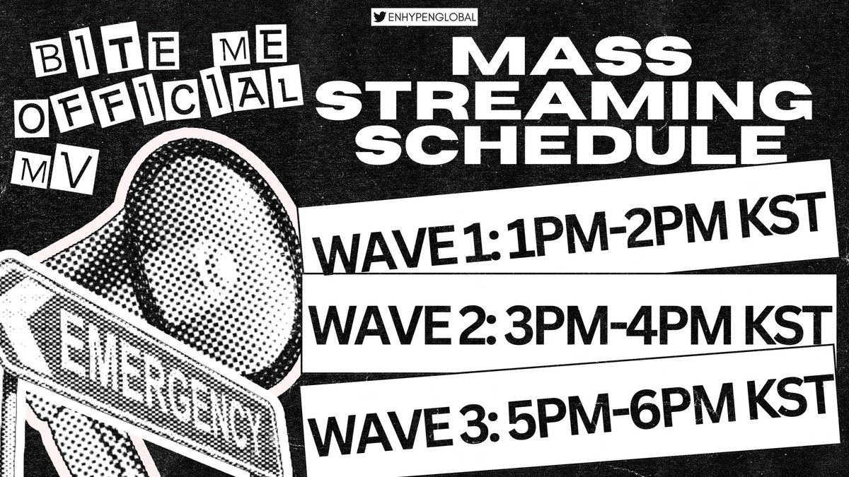 ENGENEs, JOIN TO OUR EN-MERGENCY MASS STREAMING SCHEDULE LET'S AIM FOR HIGHER VIEWS THIS TIME‼️

Wave 1: 1 — 2 PM KST 
Wave 2: 3 — 4 PM KST 
Wave 3: 5 — 6PM KST   

🖇️ youtu.be/wXFLzODIdUI   

BITE ME OUT NOW    
#DARKBLOOD #BiteMe #DARKBLOOD_OutNow #ENHYPEN <a href="/ENHYPEN_members/">ENHYPEN</a>