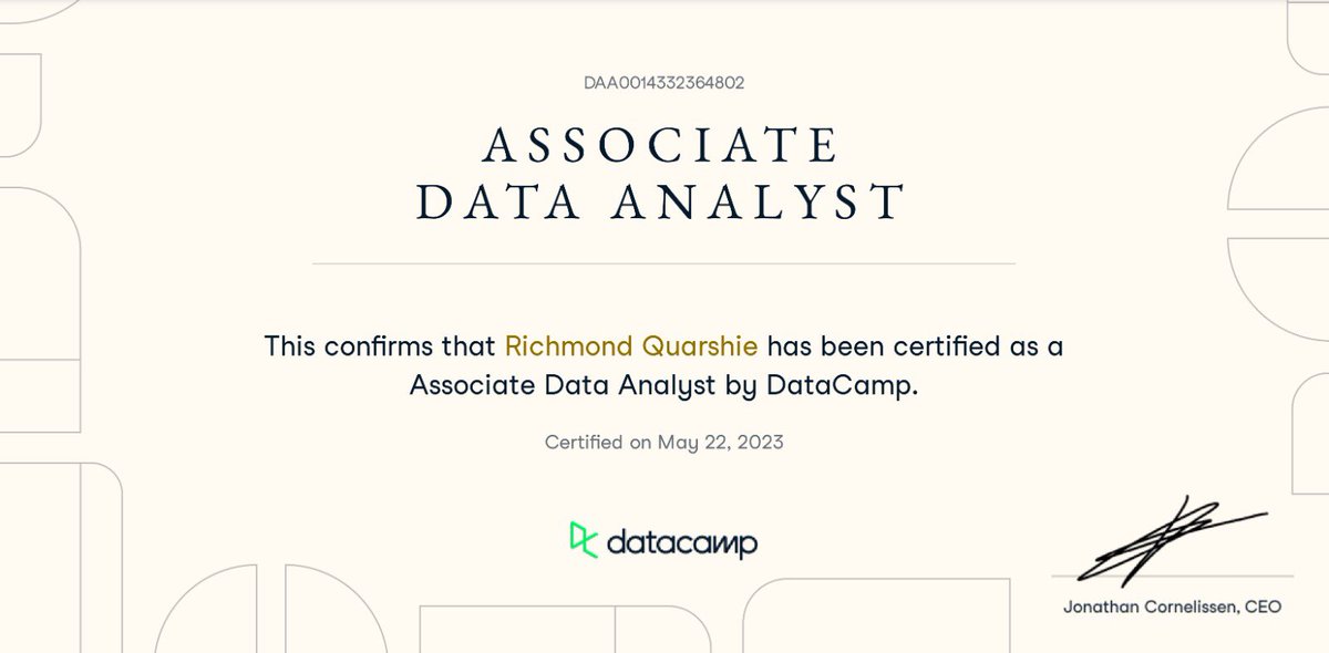 QuamiRay's tweet image. I just got certified as a Data Analyst Associate on @DataCamp. 

Huge thanks to @Ingressive4Good for this opportunity. More to come.