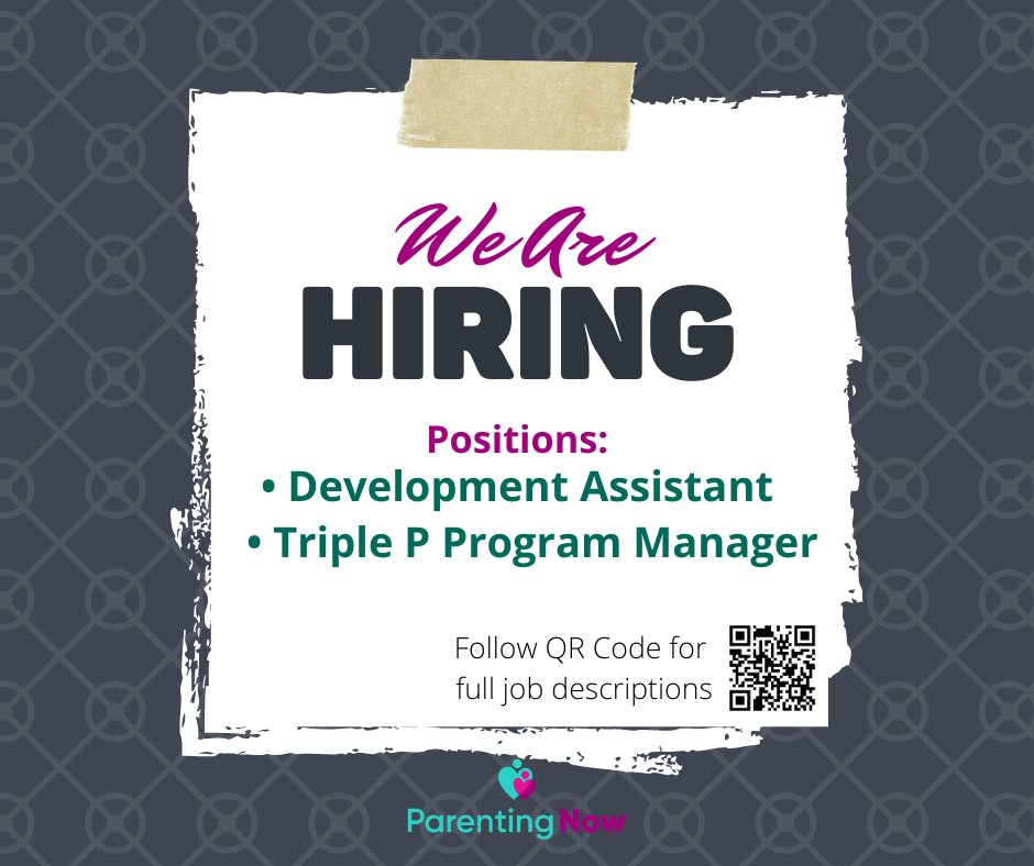 Parenting Now has some exciting employment opportunities, including a part-time Development Assistant and full-time Triple P Program Manager. Follow the QR Code below or this link to learn more about these positions. parentingnow.org/employment-opp…
