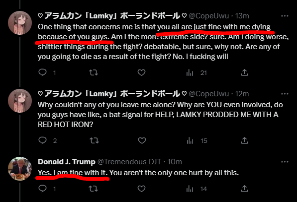 mhtn_Mongol_Bun's tweet photo. "Lamky, why are you so upset about this?" 

They're literally trying to kill me over twitter sims dawg. They did shitty things, I banned them, and now they're trying to literally kill me. They're fully aware that what they're doing is killing me and they're doing it anyways. https://t.co/NHmLrpXnwp