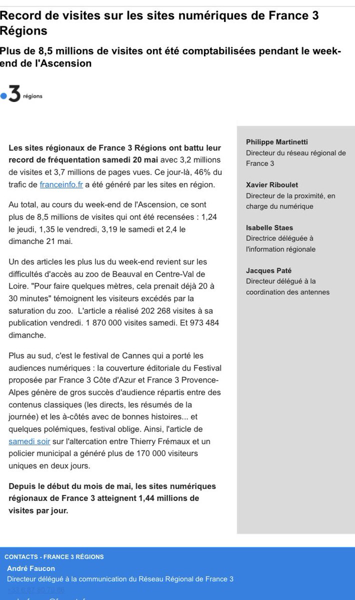 PhilMartinetti's tweet image. Record d’audiences numériques pour le réseau @France3tv avec  8.5 millions de visites sur les sites régionaux du 18 au 21/05. 
Le 20/05 3.2 millions de visites soit 46% du trafic de franceinfo.fr
Un grand bravo aux équipes
La force du service public de proximité 
Fier