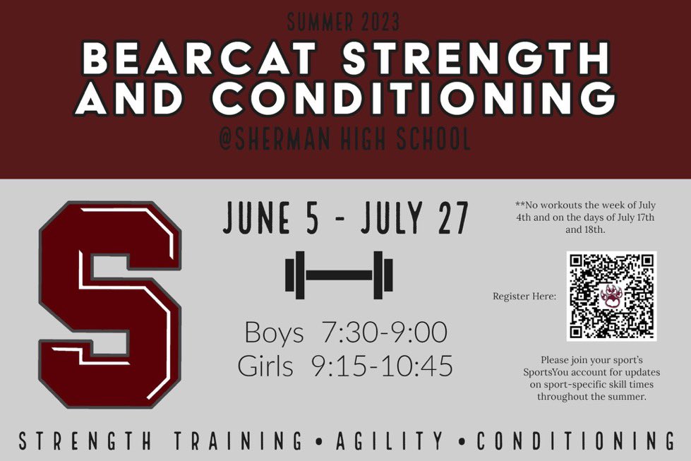 Don’t miss our summer strength and conditioning program! Make sure you use the QR code to register
WILL BE GETTING…
BIGGER
FASTER and 
SHERMAN STRONG!!
