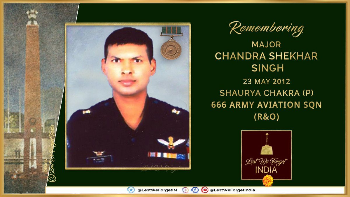 #LestWeForgetIndia🇮🇳 Maj Chandra Shekhar Singh, #ShauryaChakra (P), 666 #ArmyAviation SQN (R&O) lost his life in line of duty in a Cheetah helicopter crash near Bhim Post, Siachen Glacier #OnThisDay 23 May in 2012  
Remember the #IndianBrave Aviator & his supreme sacrifice🏵️