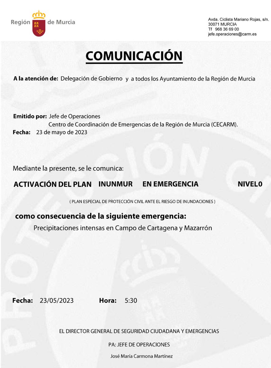La <a href="/dgsce_RM/">Seguridad Ciudadana y Emergencias Región de Murcia</a>  activa el nivel 0 del #PlanInunmur 

➡️noticias.112rmurcia.es/?AlBBl