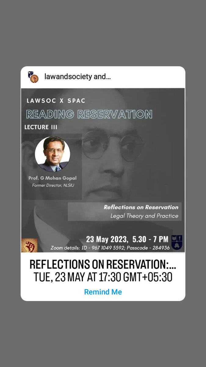 This is an invitation to the final lecture on Reading Reservation,'Reflections on Reservation- Legal Theory and Practice'. The lecture will be delivered by Dr. G Mohan Gopal(@mohangopal)

Meeting Link- nls-ac-in.zoom.us/j/96710495592?…
Meeting ID- 96710495592
Meeting Passcode-  284936