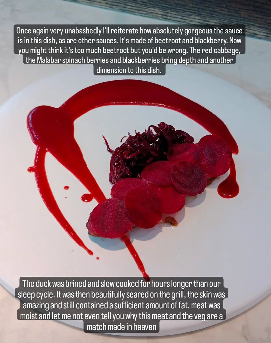 500th Food tweet. 4 Pics. 

A milestone tweet. And what better tweet than one about  my happy place <a href="/farmlorein/">farmlore.in</a> 

Brined and grilled 🦆 breast, with beetroot &amp; blackberry sauce, hulisappu, red cabbage. 

Pic 4 for description. 

#FoodiePD #FoodPic