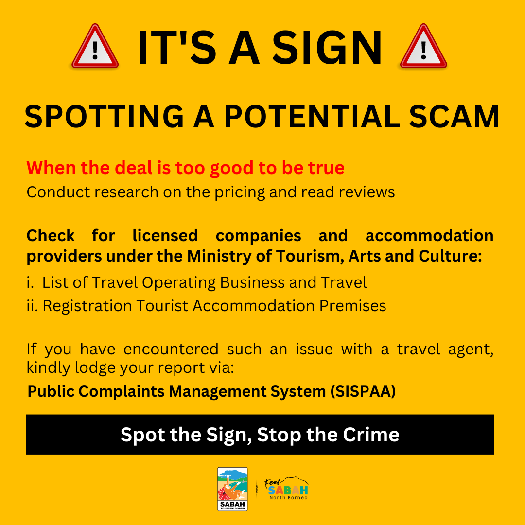 Beware of Travel Scams!

Watch out for fraudulent travel agencies. Protect your wallet by researching, verifying credentials, and reading reviews before booking. Stay informed and safe.

🔗 motac.gov.my/en/check/tobtab
🔗 motac.gov.my/en/check/regis…
🔗motac.spab.gov.my/eApps/system/i…

@MyMOTAC
