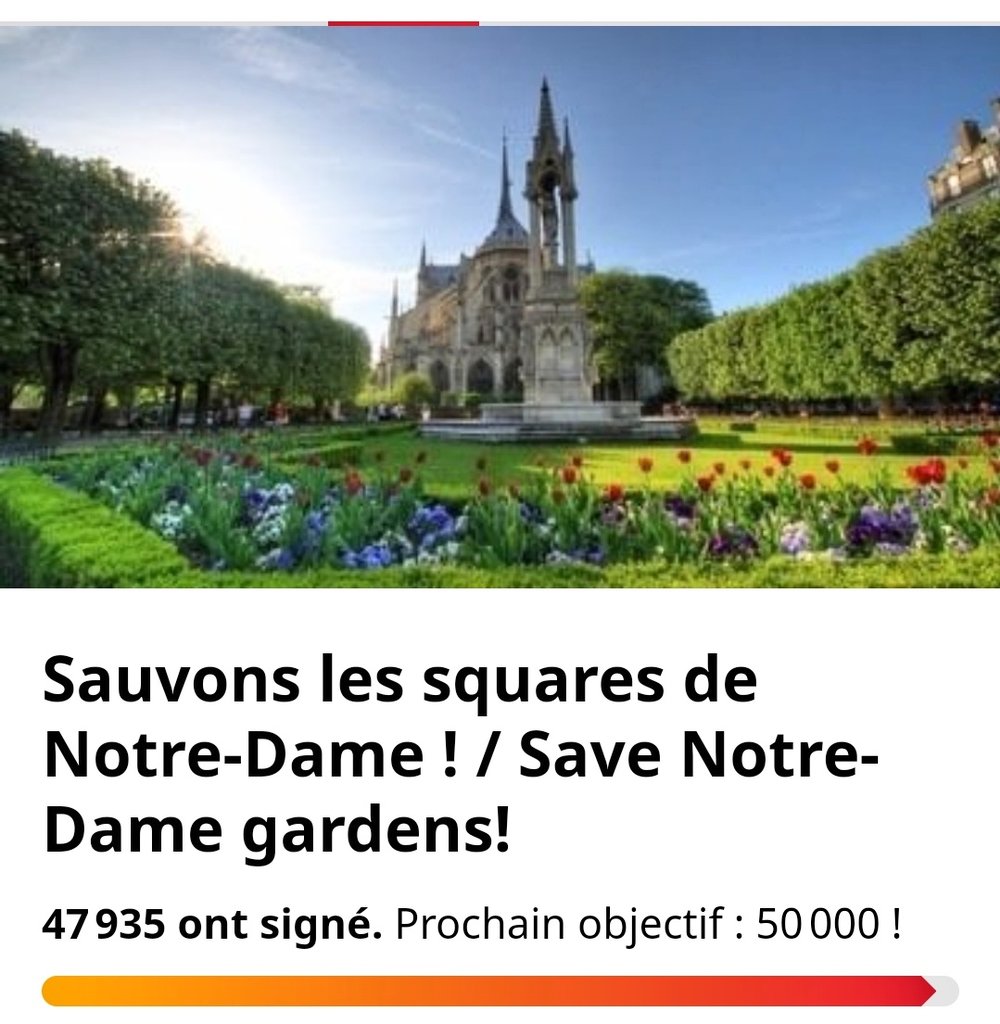 Ce 23 mai 2023 le nombre de pétitionnaires pour sauver les squares de Notre-Dame afin de préserver leur beauté et leur caractère va atteindre les 48 000. 
Continuez à la faire signer à tous Amoureux du Patrimoine de Paris !
#SauvonsLesSquaresDeNotreDame
change.org/p/sauvons-les-…
