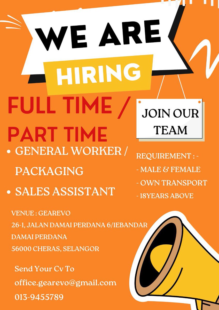 *‼️FULL TIME / PART TIME JOB NEEDED‼️*

date : 23/5/2023 
working Hours : 10am - 6:30pm (boleh Overtime) 
pay: RM7/PerHour 

We are excited to meet you in person.
Should you have any questions to ask, please do so to :
Human Resources Executive
Mobile No. : 013-9455789