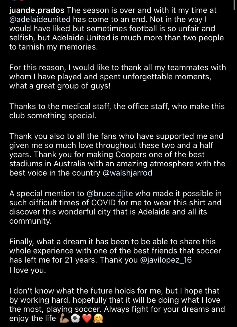 Adelaide United midfielder Juande has announced his departure from Adelaide United via Instagram  🇪🇸❌