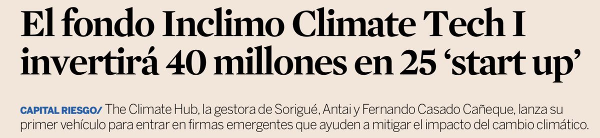 Tenemos VC nuevo en Barcelona: 

The Climate Hub completa su registro en CNMV y lanza su primer fondo Inclimo Climate Tech I, con €20M comprometidos y target de €40M, para invertir en economía circular y startups tecnológicas que fomenten la sostenibilidad (vía <a href="/exp_catalunya/">Expansión Catalunya</a>)
