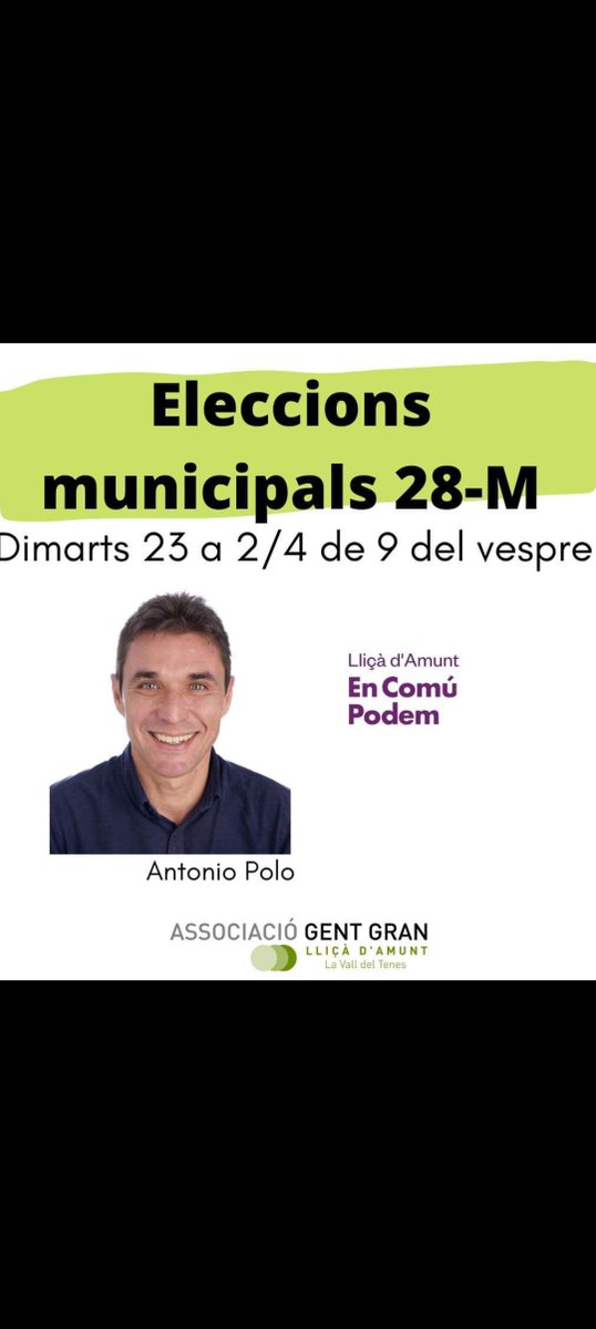 El dimarts 23 a les 20.30h de la tarda, el nostre candidat Antonio Polo explicarà el nostre projecte de futur al Casal de la Gent Gran de Lliçà d'Amunt.