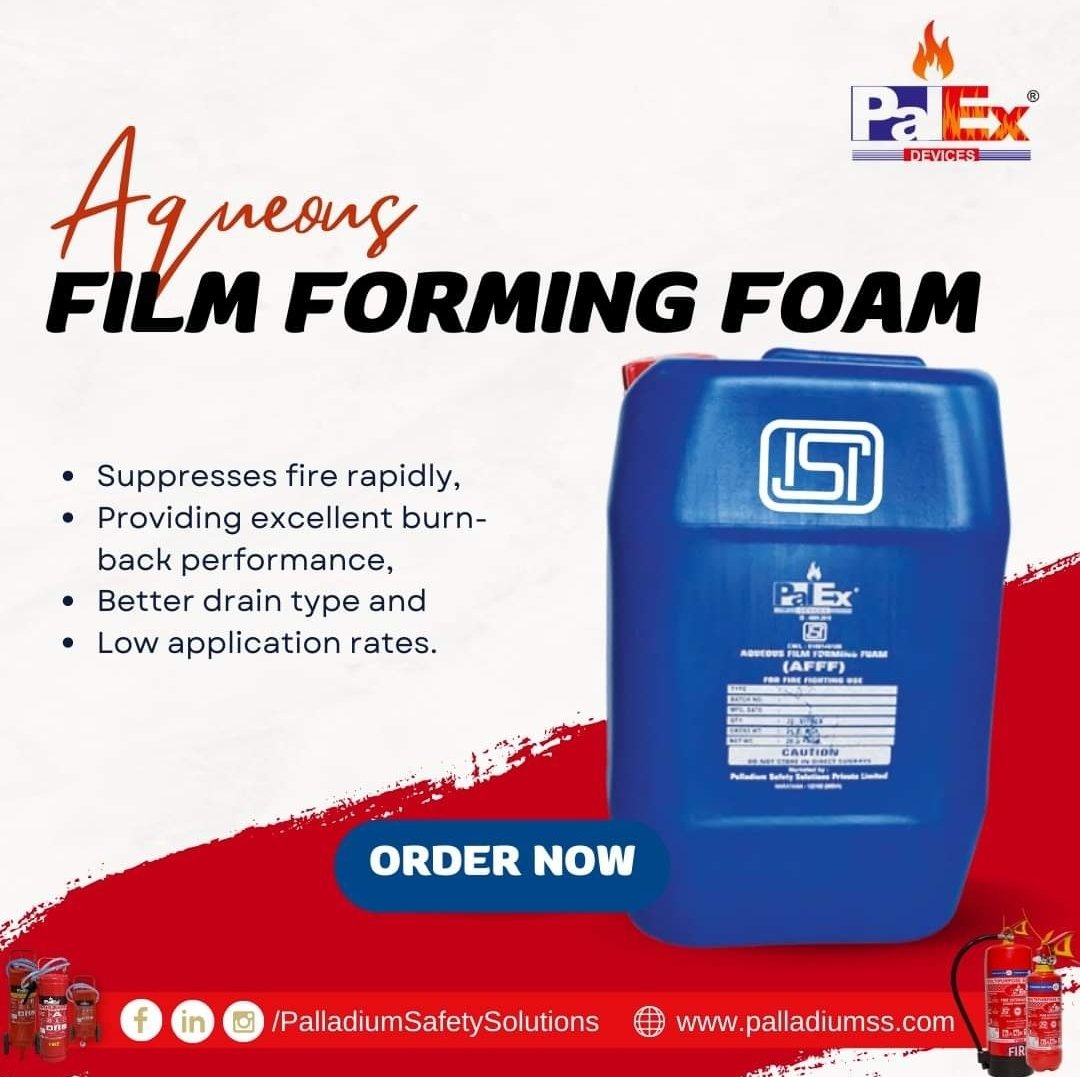 Aqueous Film Forming Foam

1. Suppresses fire rapidly, 
2. Providing excellent burn-back performance, 
3. Better drain type and 
4. Low application rates.

#Palex #PalladiumSafetySolutions #FireSafetySolutions #FirefightingFoam #FireSuppression #AFFF