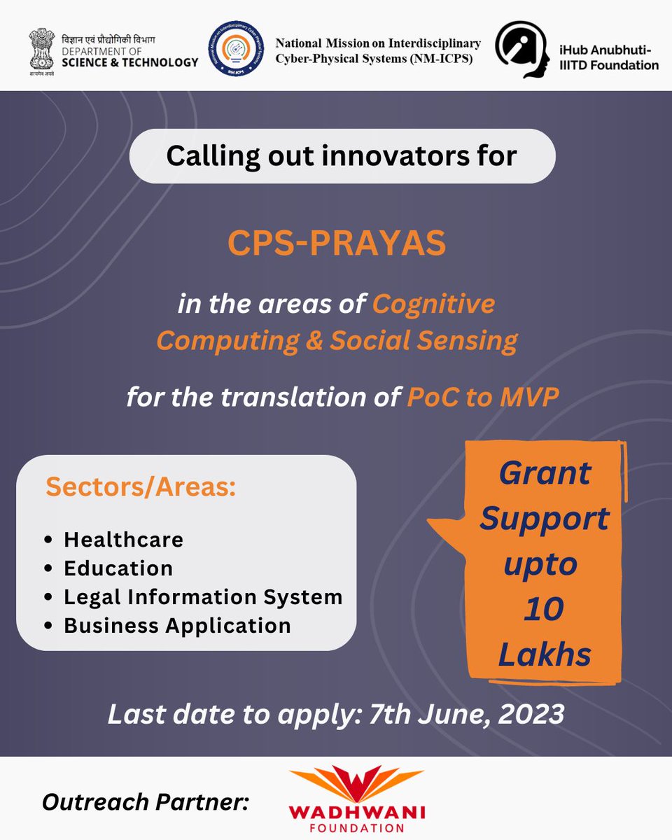 Ihubanubhuti's tweet image. Calling tech innovators from #cognitivecomputing & #SocialSensing domain to apply for prototype grant under CPS-PRAYAS offered by iHub Anubhuti - IIITD Foundation. Don't miss out on the opportunity & Apply now: lnkd.in/dP7ghbvM
Last day to apply: 7th June, 2023
#tech #AI