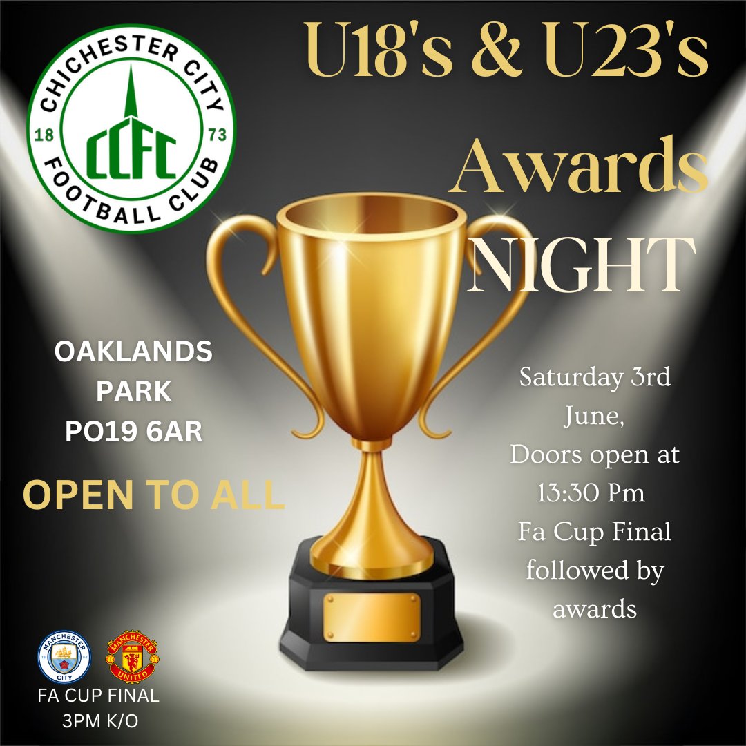 🏆 Awards Night 🏆

Come and join our U18's and U23's awards night on Saturday the 3rd June as we celebrate winning both leagues. 

Doors open at 13:30 pm with the mens fa cup final on the tvs in which the awards will follow the match.

Everyone is welcome!