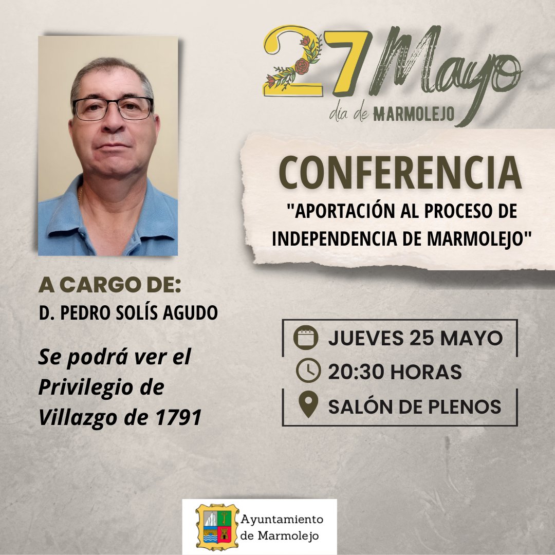 📌El próximo jueves te invitamos a 𝐝𝐞𝐬𝐜𝐮𝐛𝐫𝐢𝐫 𝐦𝐮𝐜𝐡𝐨 𝐦á𝐬 𝐬𝐨𝐛𝐫𝐞 𝐥𝐚 𝐢𝐧𝐝𝐞𝐩𝐞𝐧𝐝𝐞𝐧𝐜𝐢𝐚 𝐝𝐞 𝐌𝐚𝐫𝐦𝐨𝐥𝐞𝐣𝐨 𝐞𝐧 𝐥𝐚 𝐜𝐨𝐧𝐟𝐞𝐫𝐞𝐧𝐜𝐢𝐚 𝐪𝐮𝐞 𝐢𝐦𝐩𝐚𝐫𝐭𝐢𝐫á 𝐧𝐮𝐞𝐬𝐭𝐫𝐨 𝐯𝐞𝐜𝐢𝐧𝐨 𝐏𝐞𝐝𝐫𝐨 𝐒𝐨𝐥í𝐬 𝐀𝐠𝐮𝐝𝐨 

#Marmolejo