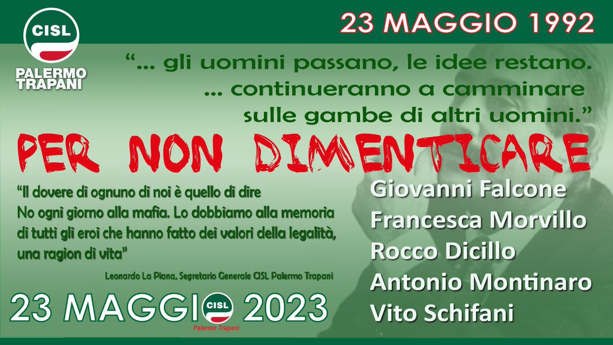 CislPaTp's tweet photo. #Noallamafia #NoiCiSiamo 
La Cisl Palermo Trapani commemora oggi le vittime della strage di Capaci. Con le federazioni enti e associazioni, saremo presenti al corteo che nel pomeriggio partirà da Porta dei Giganti  per dirigersi verso l’albero Falcone
@CislNazionale https://t.co/B1w3Z7ASe0