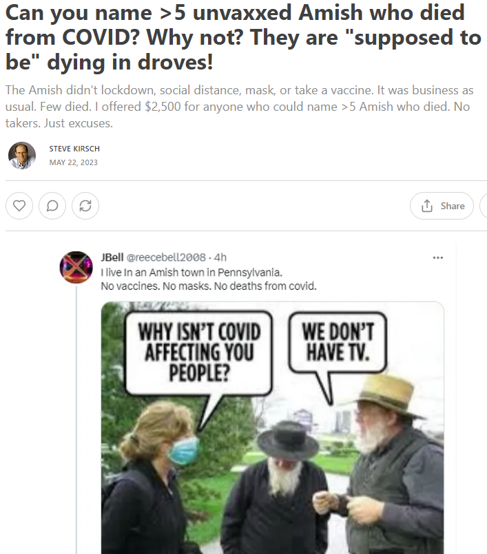 stkirsch's tweet photo. Can you name >5 unvaxxed Amish who died from COVID? Why not? They are "supposed to be" dying in droves! https://t.co/GhU8zx1Fa7 https://t.co/D42wx0haPt