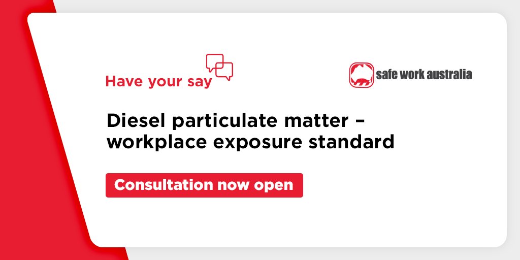 Consultation is now open! We’re seeking your views on a proposed workplace exposure standard for diesel particulate matter. 

Submissions are open until 4 June 2023: engage.swa.gov.au/consultation-o…