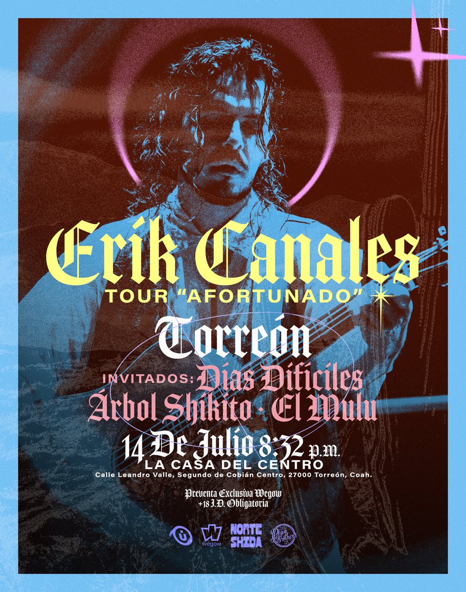 Hermanes, continuamos con el tour “Afortunado” ahora en Torreón. 

La cita es este 14 de julio en La Casa del Centro. 

Me estará acompañando mi querido <a href="/el/">ELEAGUE_has_moved</a>.mulu en todas las fechas y bandas locales. 

Boletos aquí: wegow.com/es-mx/conciert…