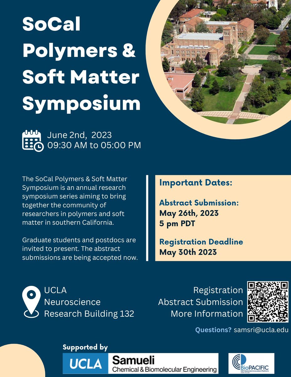 Srivastava Lab at UCLA (@_srivastavalab) on Twitter photo The inaugural SoCal Polymers & Soft Matter Symposium will be held at <a href="/UCLA/">UCLA</a> on 2nd June 2023. We are now inviting abstracts from grad students & postdocs (deadline 26th May 2023, 5pm PDT). sites.google.com/g.ucla.edu/soc⦠<a href="/UclaCBE/">UCLA Chemical and Biomolecular Engineering</a> <a href="/BioPACIFICMIP/">BioPACIFIC MIP</a> <a href="/samanvaya/">Samanvaya Srivastava</a> The inaugural SoCal Polymers & Soft Matter Symposium will be held at <a href="/UCLA/">UCLA</a> on 2nd June 2023. We are now inviting abstracts from grad students & postdocs (deadline 26th May 2023, 5pm PDT). sites.google.com/g.ucla.edu/soc⦠<a href="/UclaCBE/">UCLA Chemical and Biomolecular Engineering</a> <a href="/BioPACIFICMIP/">BioPACIFIC MIP</a> <a href="/samanvaya/">Samanvaya Srivastava</a>