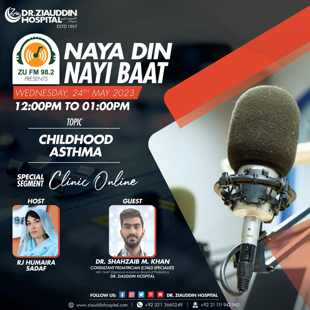 Listen to Dr. Shahzaib M. Khan, Consultant Pediatrician (Child Specialist) at Dr. Ziauddin Hospital speak about 'Childhood Asthma' Live on ZU FM 98.2, Wednesday at 12:00 pm.
#DZH #DrZiauddinHospital #asthma #asthmatic #chestproblem #asthmaproblems #asthmatreatment