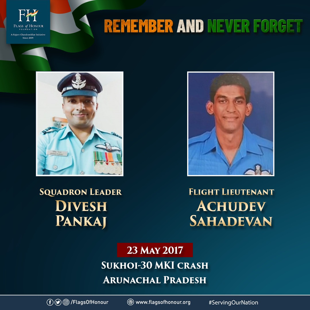 #OnThisDay in 2017, two Air Warriors Sqn Ldr Divesh Pankaj and Flt Lt Achudev Sahadevan lost their lives in a Sukhoi-30 MKI air crash during an operational training task in Arunachal Pradesh. @IAF_MCC 
#RememberAndNeverForget #ServingOurNation