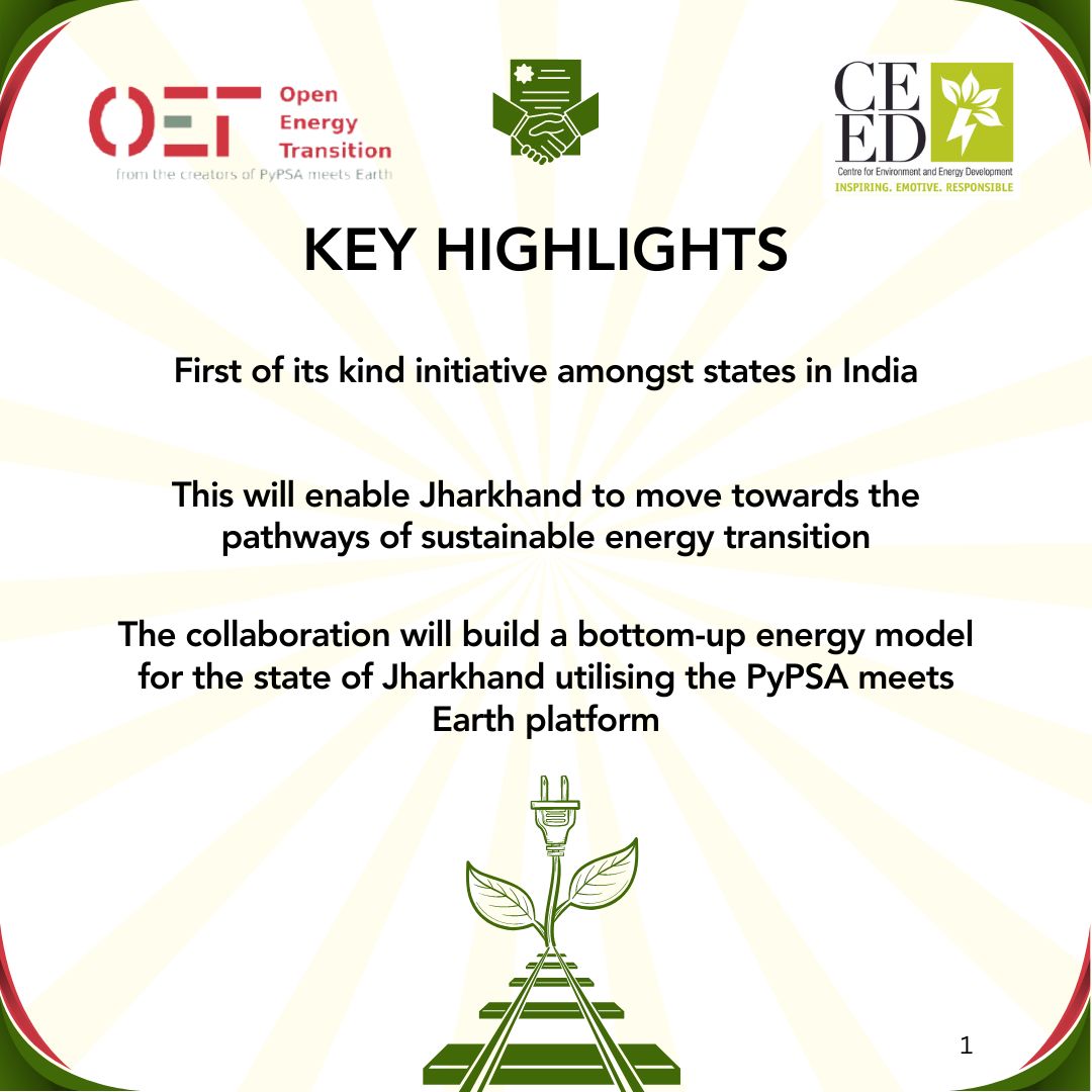 CEED_India's tweet photo. @CEED_India feels immense pleasure in announcing the partnership with the Open Energy Transition (OET), Germany to undertake cutting-edge #research to strengthen the process of #energysecurity and #lowcarbon development pathways in #Jharkhand. https://t.co/LF15Z9QYGM
