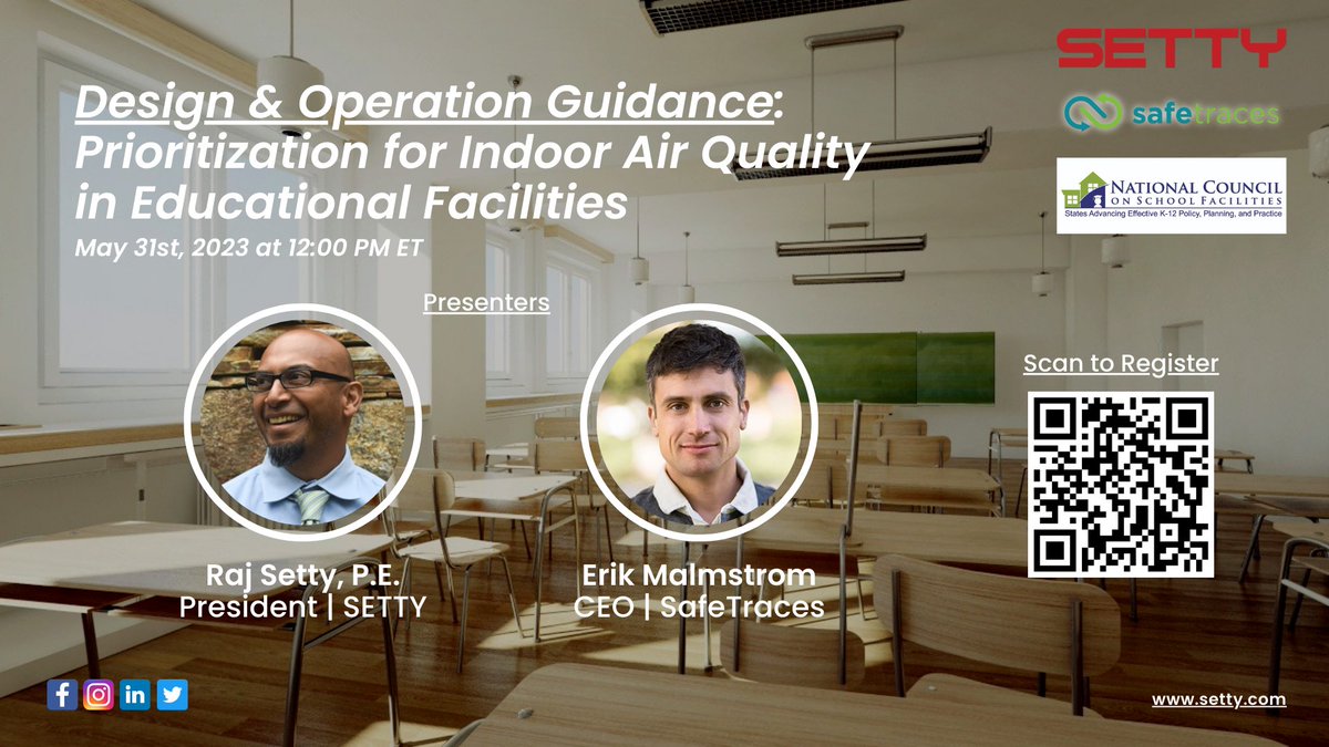 Discover practical #IAQ strategies for #educationalfacilities in a ground-breaking webinar with Raj Setty and Erik Malmstrom. Register today!
facilitiescouncil.org/webinars

#indoorairquality #safeair #riskmitigation #safeenvironment #healthyair #indoorair
@SafeTraces <a href="/K12Facilities/">National Council on School Facilities</a>