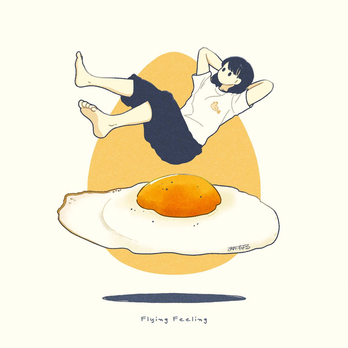 1girl solo barefoot black hair shirt fried egg white shirt  illustration images