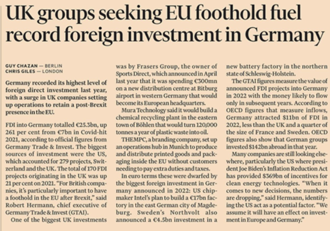 grahambsi's tweet image. “Germany recorded its highest level of foreign direct investment last year with a surge in UK companies setting up operations to retain a post-Brexit presence in the EU” Brexit has been a boom for other European countries!