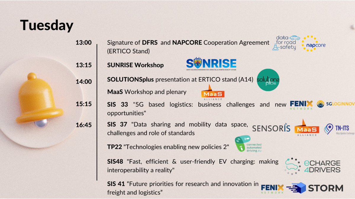#ITSLisbon2023: Moving full speed ahead! It's Day #2 and we have a full agenda for experts and participants starting at 7:45⏰ Check out today's ERTICO-led sessions!

<a href="/FENIX_LogistiX/">FENIX Network</a> <a href="/SINFONICA_eu/">SINFONICA</a> <a href="/CcamSunrise/">CCAM SUNRISE project</a> <a href="/SOLUTIONS_EU/">SOLUTIONSplus & Urban Electric Mobility Initiative</a> <a href="/MaaS_Alliance/">MaaS Alliance</a> <a href="/Europe_CAD/">Connected Automated Driving (CAD)</a> <a href="/Charge4E/">eCharge4Drivers</a> 

#data #mobility