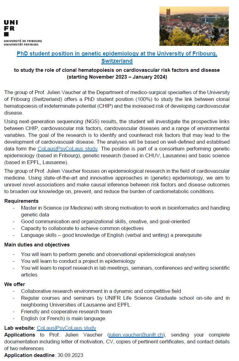 🤚Join us in Fribourg Switzerland 🇨🇭for a (MD-)PhD thesis in genetic epidemiology! 🙌 You'll be part of a large consortium, learn a lot of stuffs and enjoy the place!