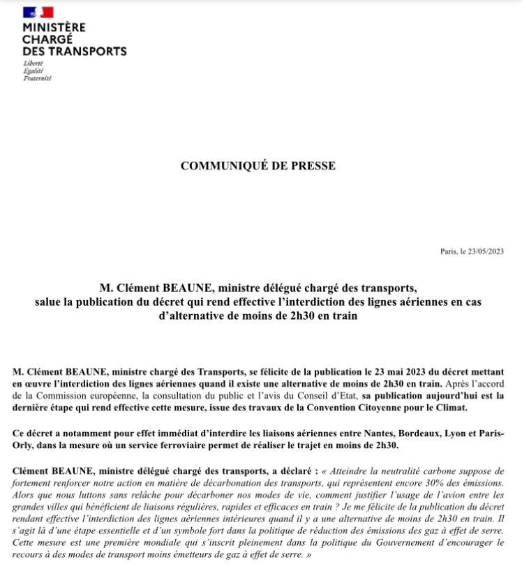 🌳 Ce matin, l’interdiction des lignes aériennes en cas d’alternative de moins de 2h30 en train devient réalité.

C’est un signal majeur et une 1ère mondiale ! On continue !