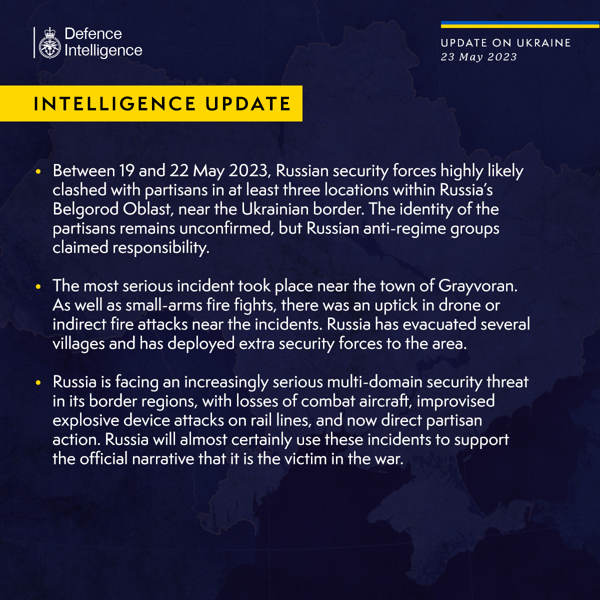 Latest Defence Intelligence update on the situation in Ukraine - 23 May 2023. Find out more about Defence Intelligence's use of language: ow.ly/aoQP50OtWCp 🇺🇦 #StandWithUkraine 🇺🇦