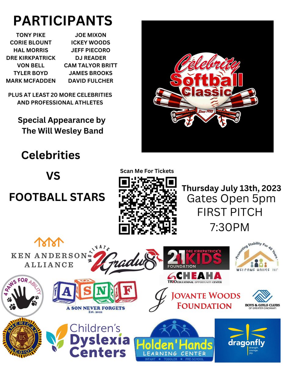 33rd  Celebrity Softball Classic. First one since pandemic. All these charities need your support. Free Autographs and Rozzi Fireworks. Will  Wesley Band is phenomenal. Come early, leave late. Doors open at 5,  close 11:30. Please share and for sponsorship opportunities DM me.