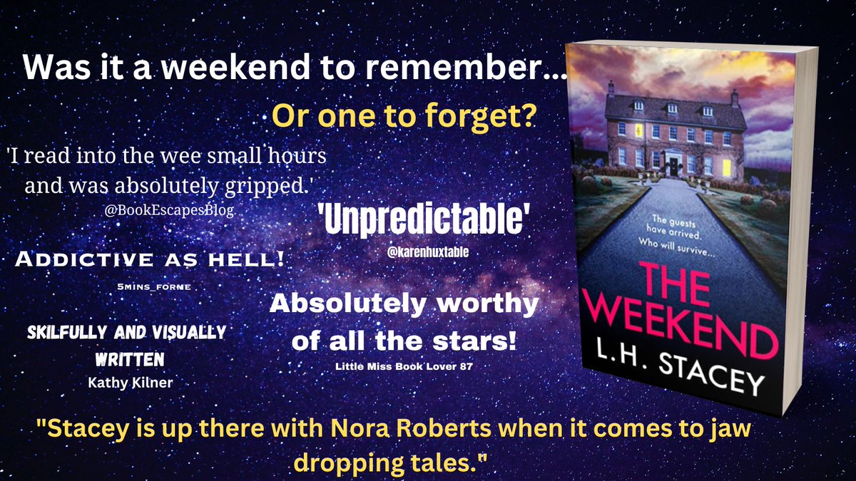 🌟 🌟 🌟 🌟 🌟
Can Lizzie survive... 
THE WEEKEND?
🌟 🌟 🌟 🌟 🌟
Find out here: amzn.to/3ZgFIoo
🌟 🌟 🌟 🌟 🌟
#KindleUnlimited #AmazonPrime #psychlit #thriller #BookBoost #BooksWorthReading #BookTwitter #bestselling #99p