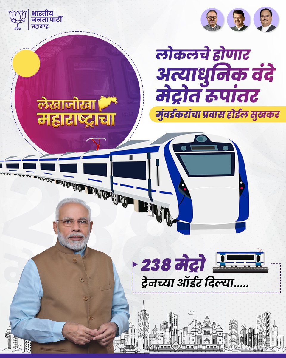 AneeshMakwaaney's tweet image. मुंबईसाठी ऐतिहासिक बदल करताना, रेल्वे मंत्रालयाने मुंबई लोकल ट्रेन्सचे दर्जेदार वंदे मेट्रो गाड्यांमध्ये सुधारणा करण्याचा निर्णय घेतला आहे.
 MUTP प्रकल्प अंतर्गत वंदे मेट्रो (उपनगरीय) च्या 238 गाड्या खरेदी करण्याच्या ऑर्डर MRVC ला   दिल्या  आहेत.
#लेखाजोखा_महाराष्ट्राचा #MRVC