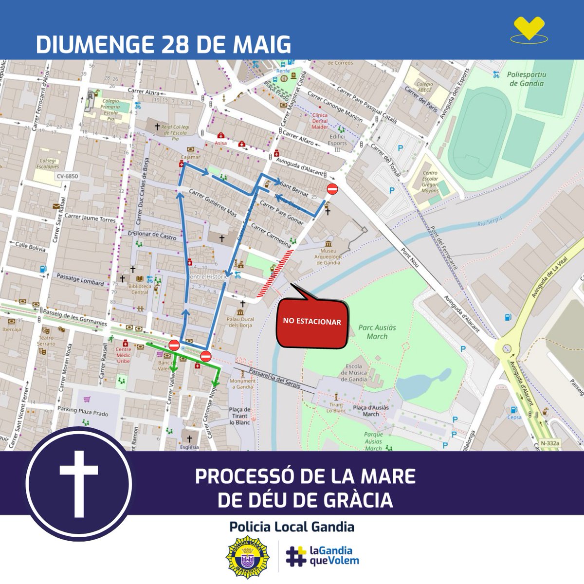 PLGandia's tweet photo. 🕯Diumenge 28 de Maig s'ha programat la processó en honor a la Verge de Gràcia a les 20:00 hores.
Com cada any, es farà l'eixida des de la Pl. Maria Enríquez en direcció al Passeig de les Germanies, tornant pel C/Major i Pl. Loreto.
#processons #trànsit @aj_gandia https://t.co/uVQoJMoT9x