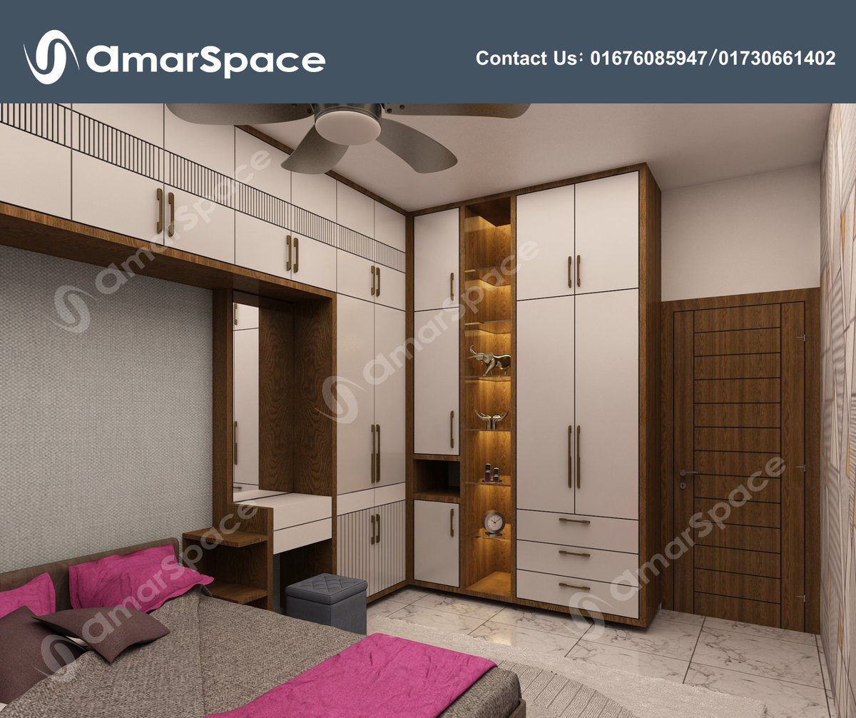 Concept: Create a modern living room that blends efficiency and flair, with a large cabinet area outfitted with a sleek reading table and an attractive dressing table. 
#project #amarspace #interior #interiordesign #homeinterior #moderncabinet #interiorbd