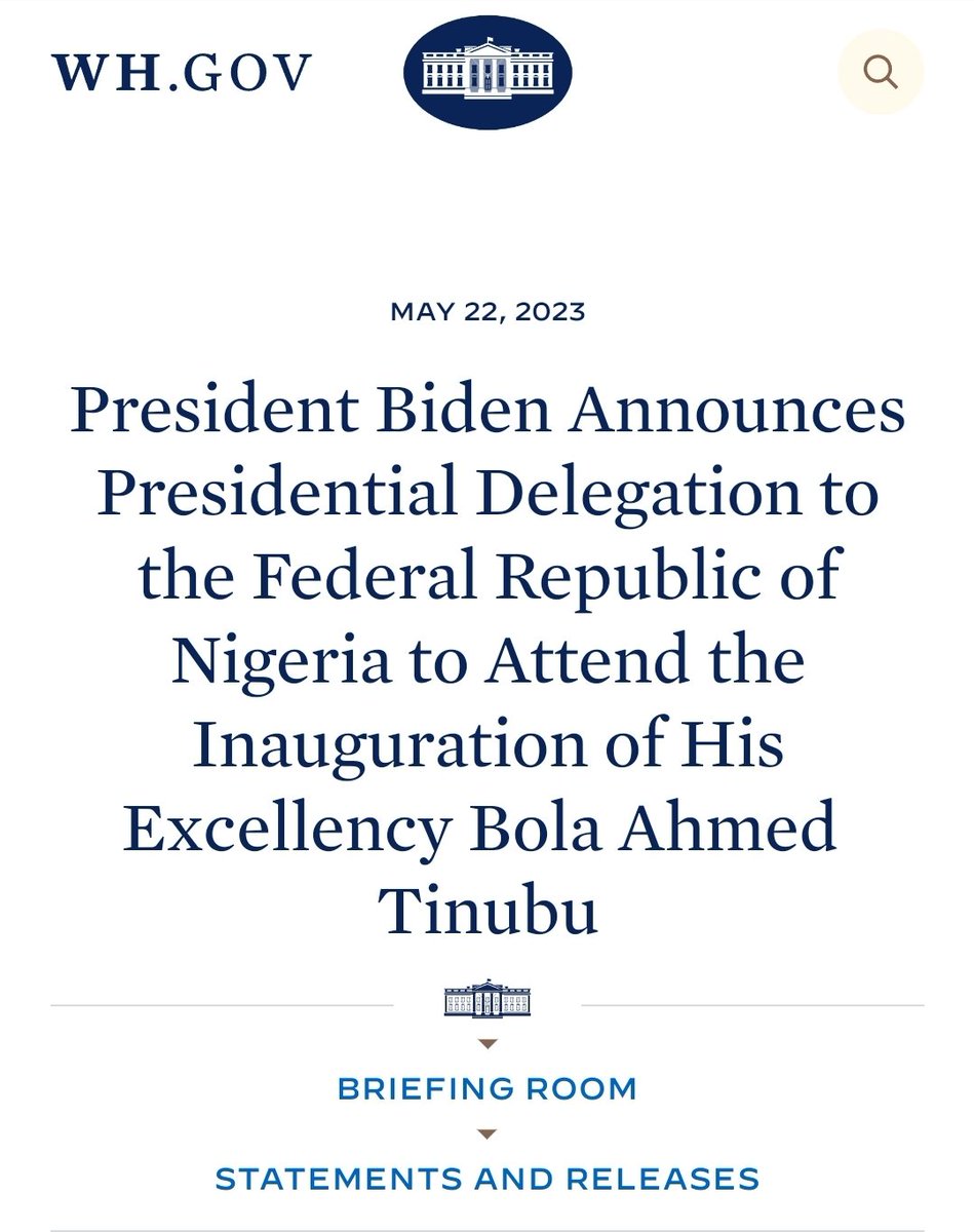 DeeOneAyekooto's tweet image. President Joseph R. Biden, Jr. today announced the designation of a Presidential Delegation to attend the Inauguration of His Excellency Bola Ahmed Tinubu on May 29, 2023, in Abuja, Nigeria.
 
The Honorable Marcia L. Fudge, Secretary of the United States Department of Housing and…